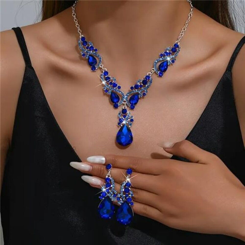Blue Bridal Necklace Earrings Set Crystal Wedding Jewelry Set Rhinestone Silver